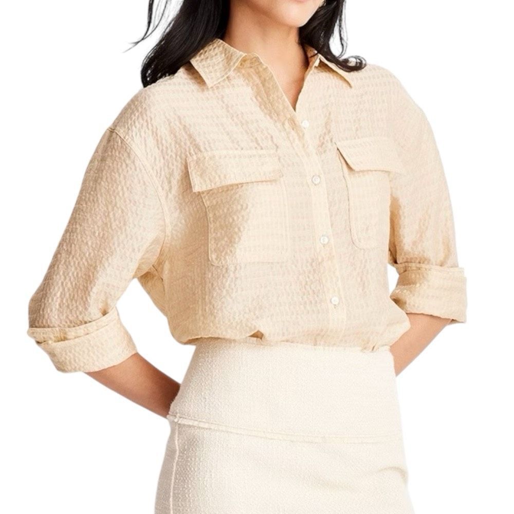 NEW Future Collective Jenny K Lopez Long Sleeve Utility Button-Down Beige Top Me